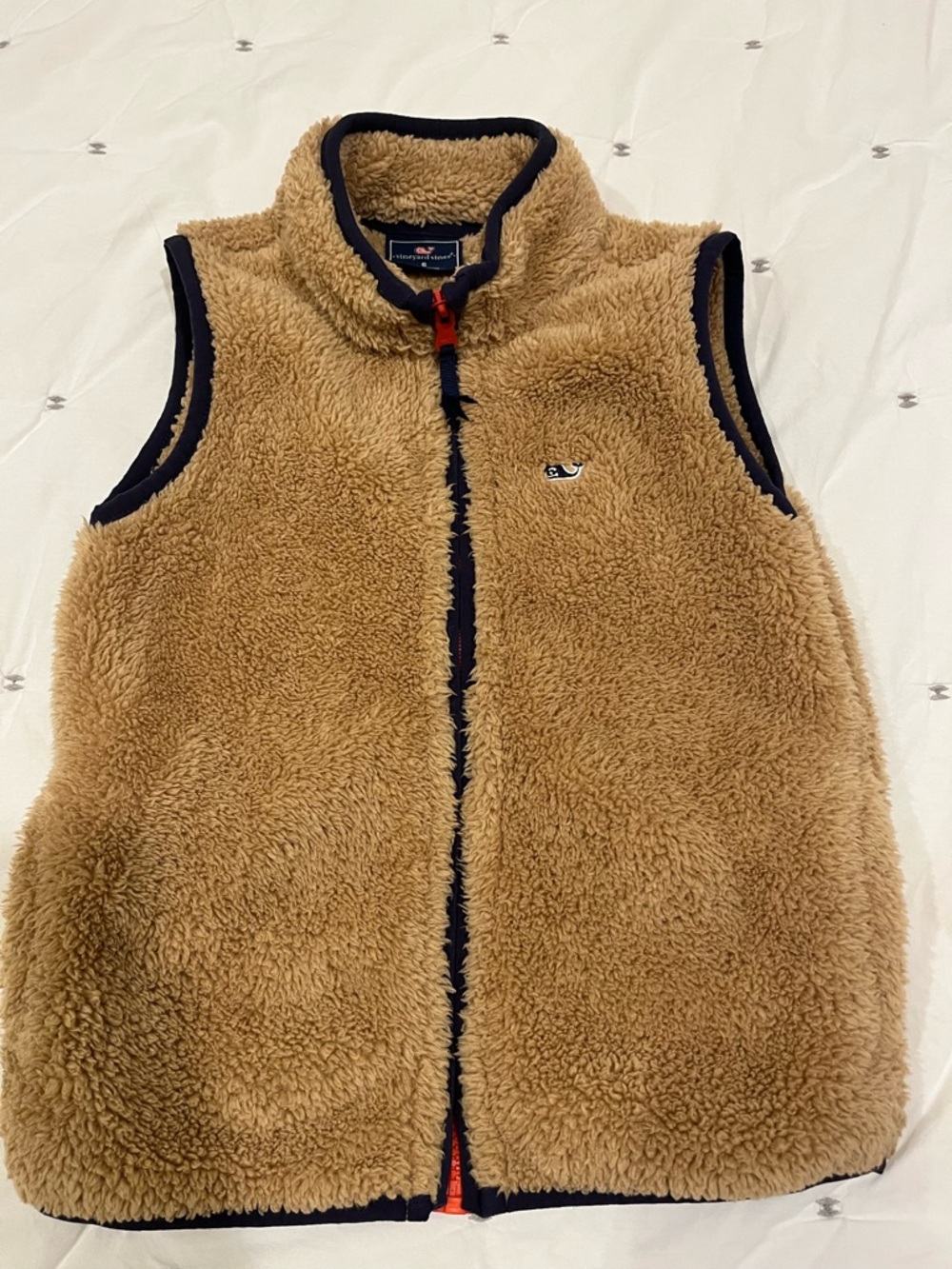 Vineyard Vines Kids Tan Sherpa Vest with Navy Trim